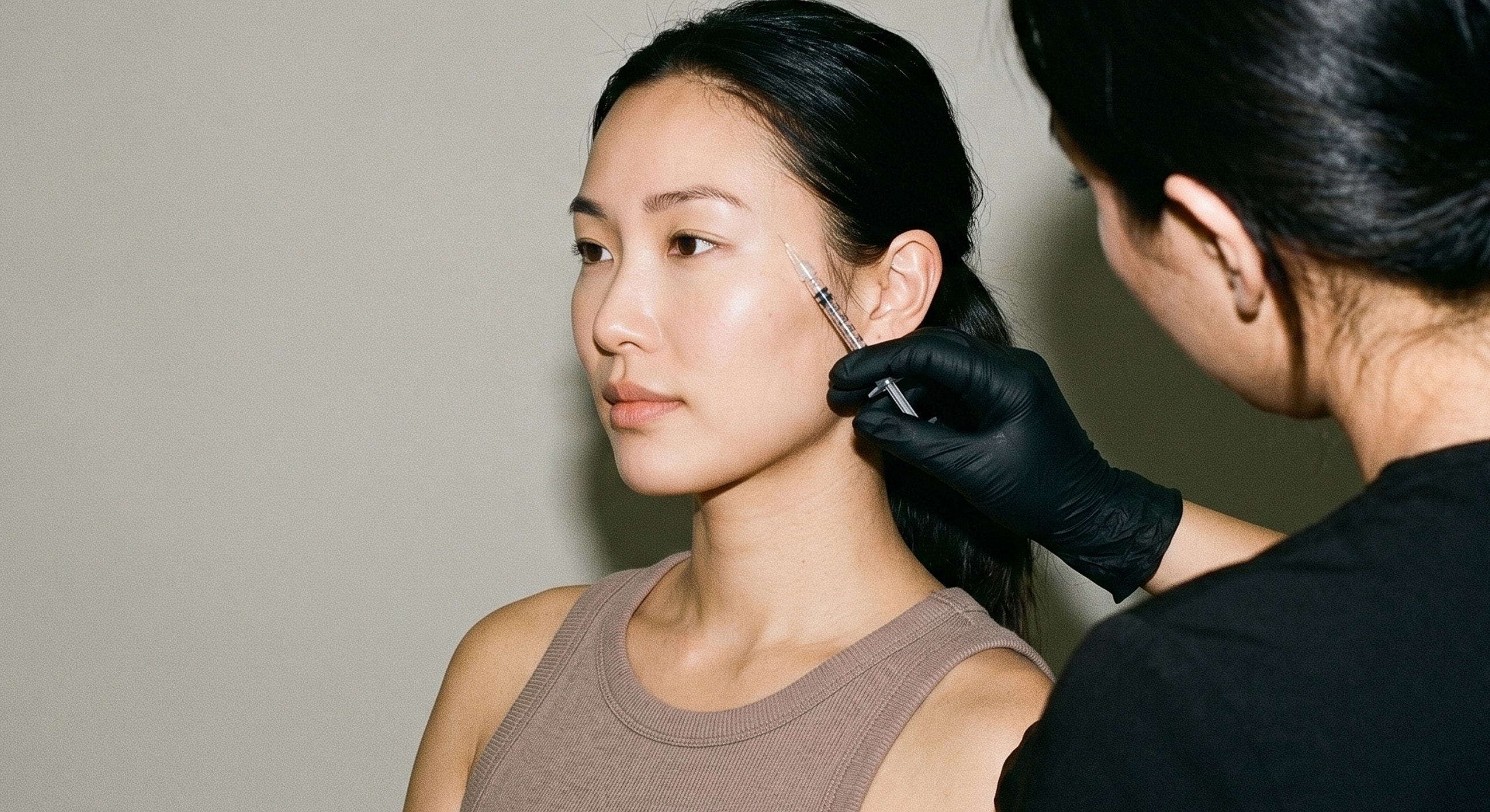 Administering cosmetic treatment with syringe to woman.