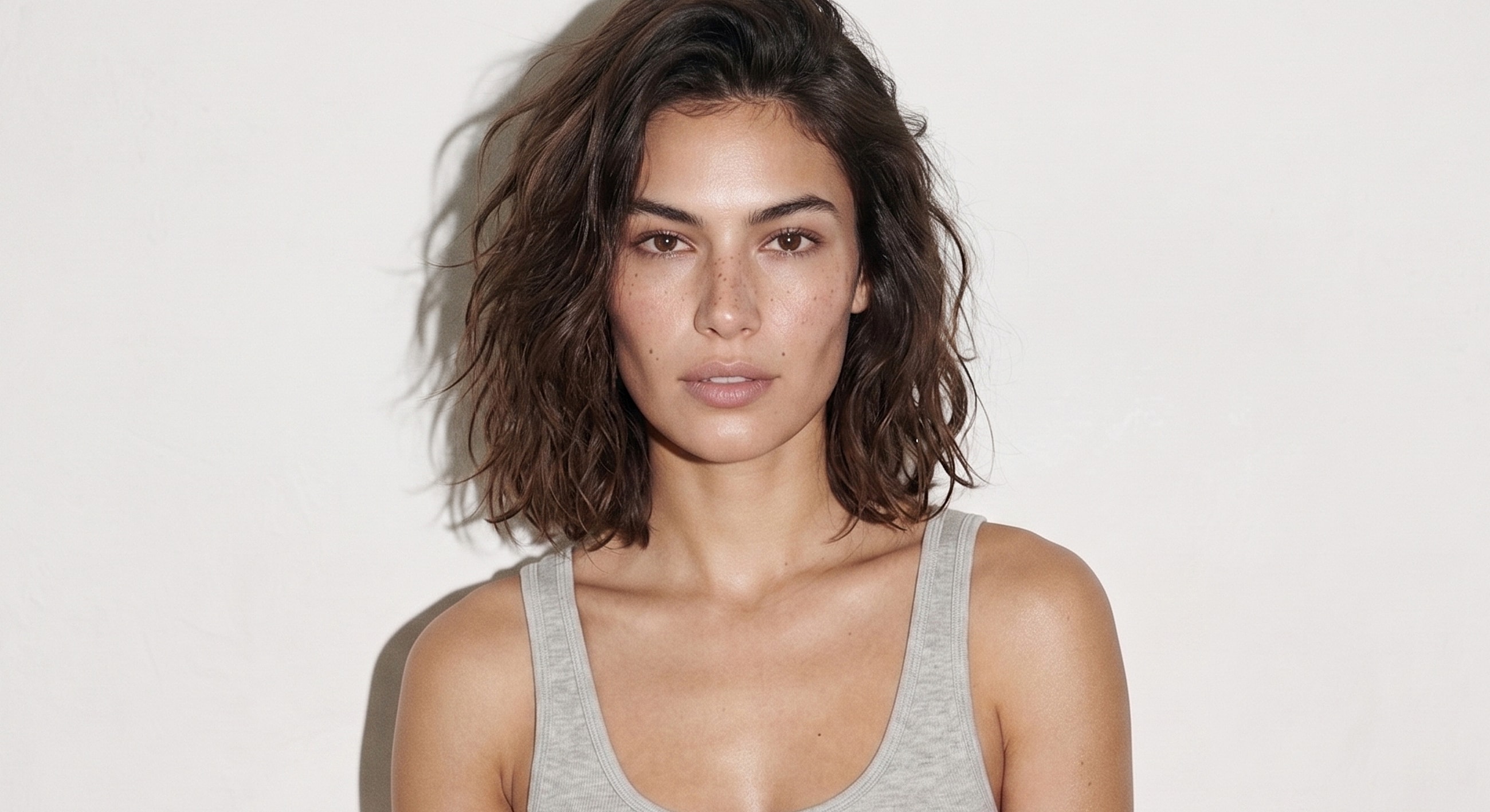 Woman with wavy hair and natural makeup.