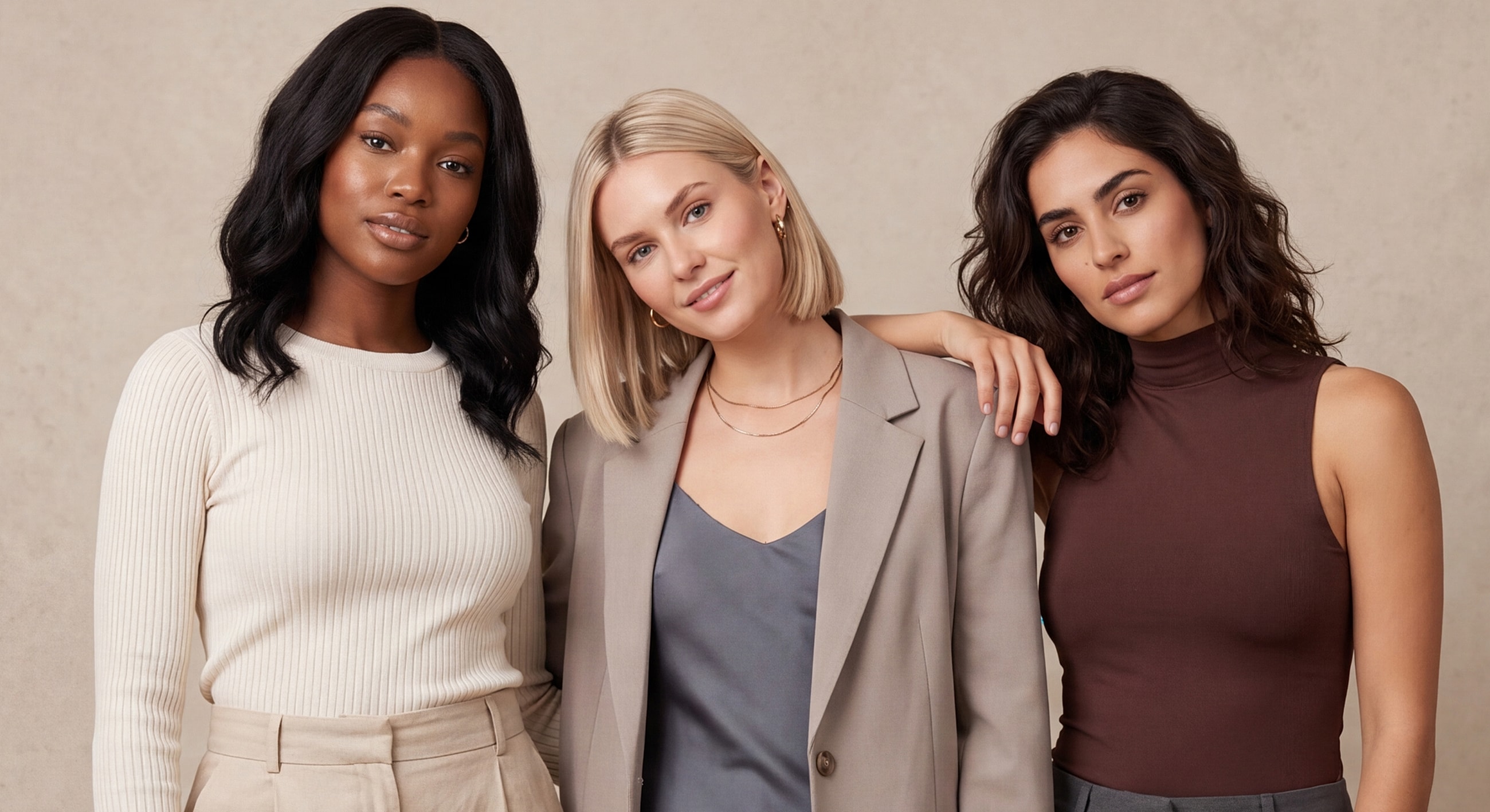 Three stylish women posing together.