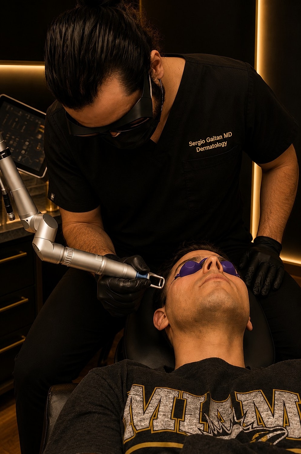 Dermatologist using laser treatment on patient.