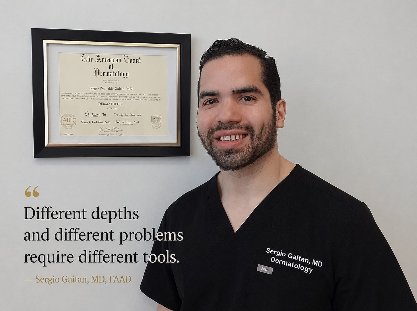 Sergio Gaitan MD FAAD in front of his board certification in dermatology at Certified Cosmetics Miami