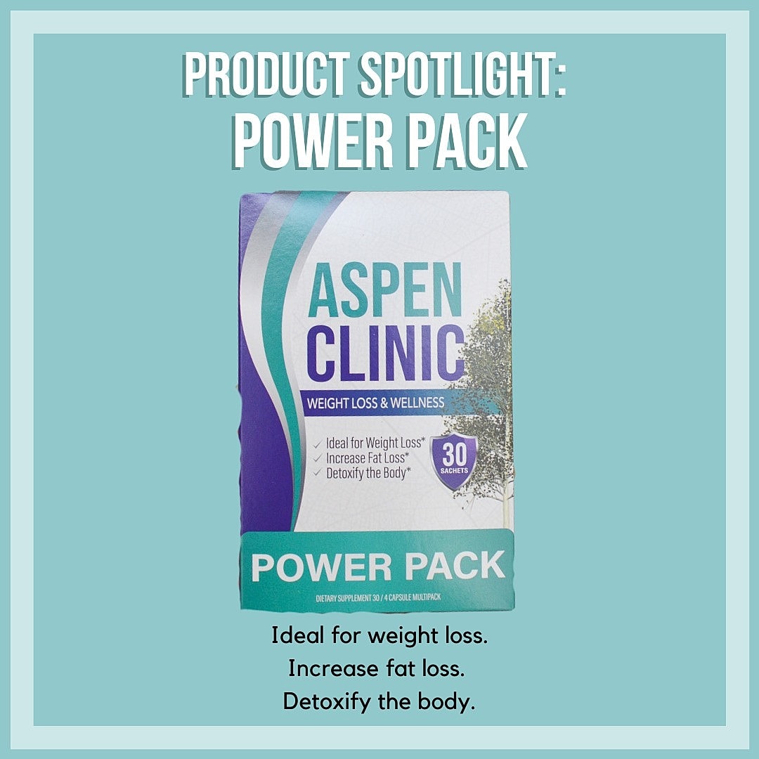 A label for a weight loss supplement called Power Pack, on a light green background, with text that reads: “Product Spotlight: Power Pack. Ideal for weight loss. Increase fat loss. Detoxify the body