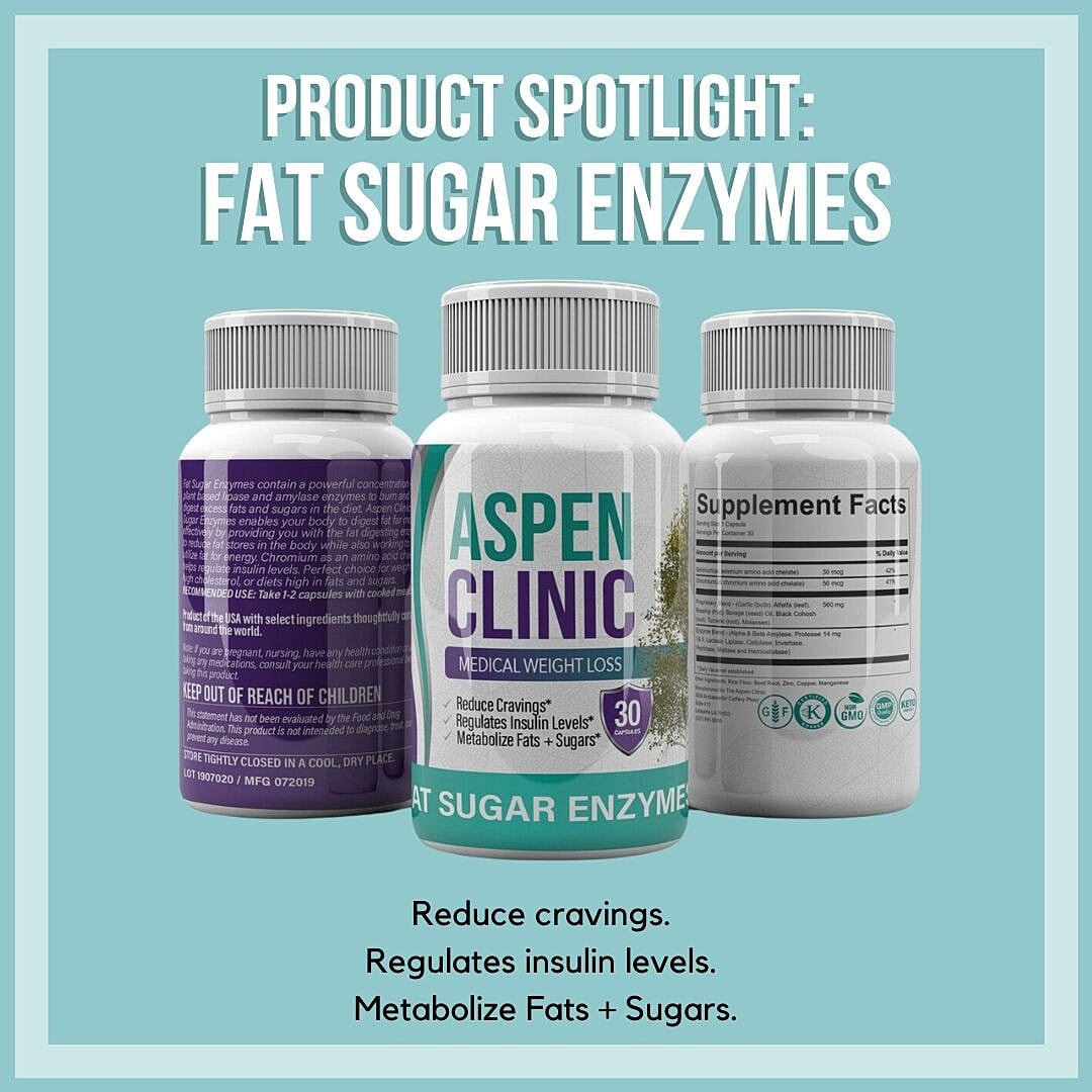 Three supplement bottles on a light-green background, with text that reads, “Product Spotlight: Fat Sugar Enzymes. Reduce cravings. Reduce insulin levels. Metabolize Fats + Sugars.