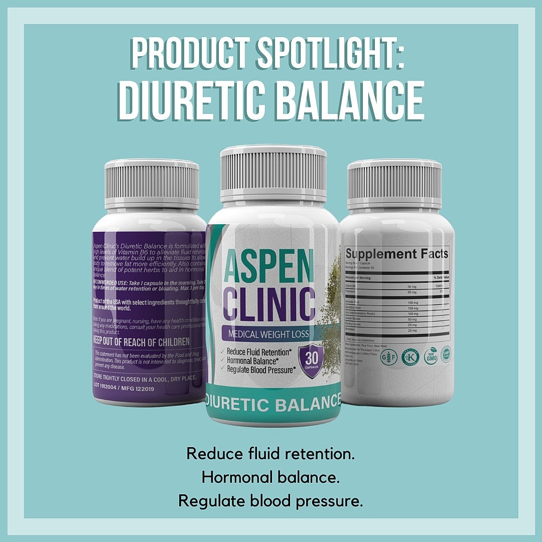 Three bottles of Diuretic Balance on a light green background with white text that reads, “Product Spotlight: Diuretic Balance. Reduce fluid retention. Hormonal balance. Regulate blood pressure.