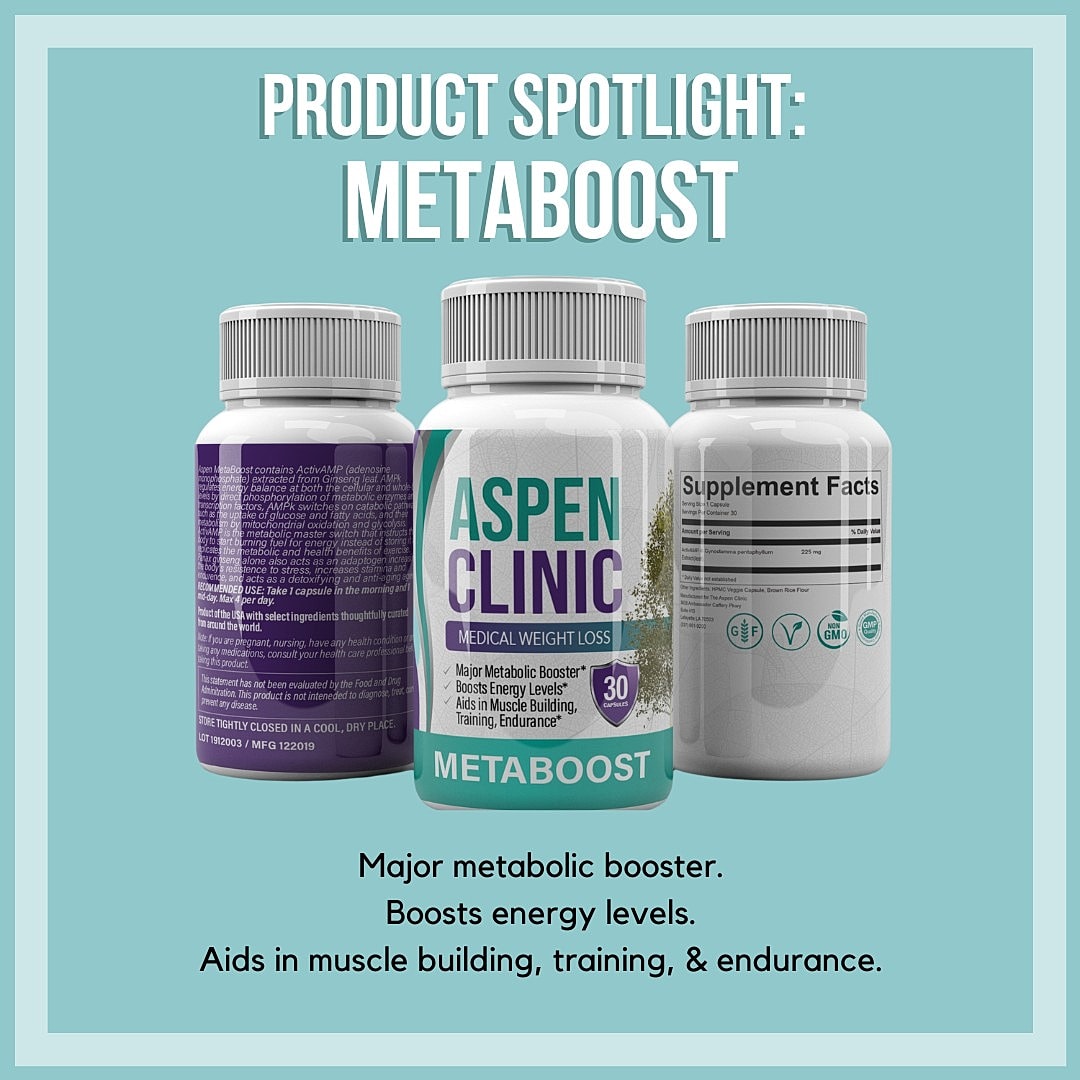 Three views of a white bottle of MetaBoost weight loss supplement on a light green background, with text that reads: Product Spotlight: MetaBoost. Major metabolic booster. Boosts energy levels. Aids in muscle building, training, & endurance.
