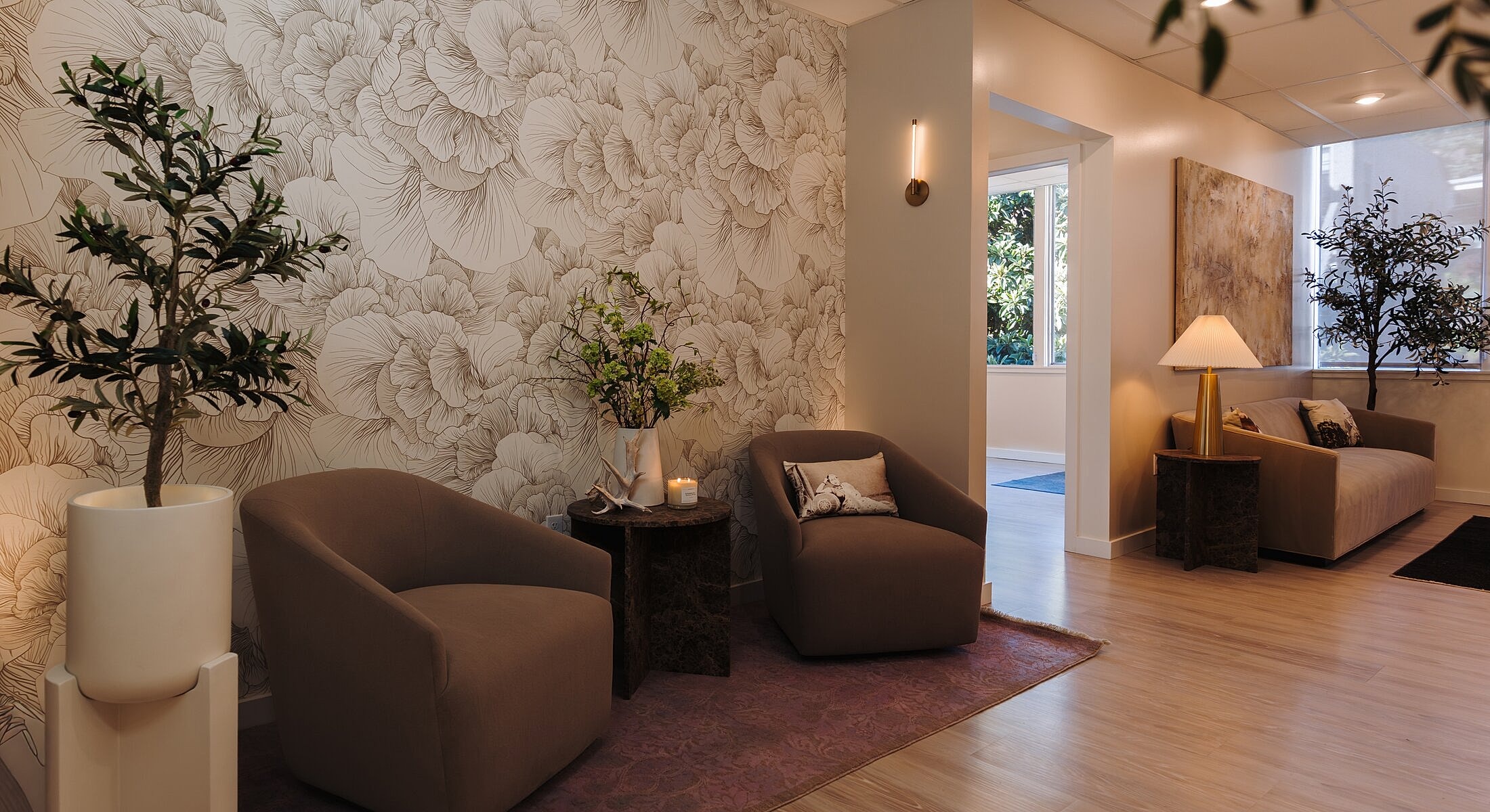 Cozy interior with elegant floral wallpaper design.