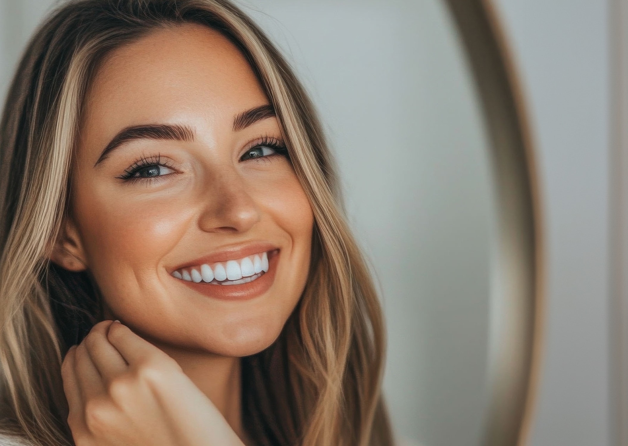 Smiling woman with long, wavy blonde hair.