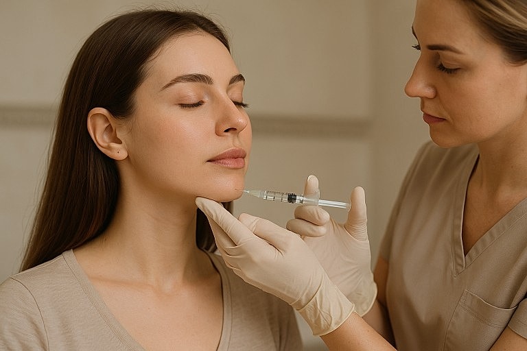 Medical professional administering dermal filler injection to a woman’s chin for facial balancing and symmetry in a modern med spa setting.