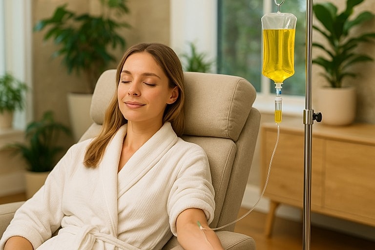 A woman relaxing in a med spa while receiving IV therapy with a vitamin drip, surrounded by natural light and plants for a calm, healthy atmosphere.