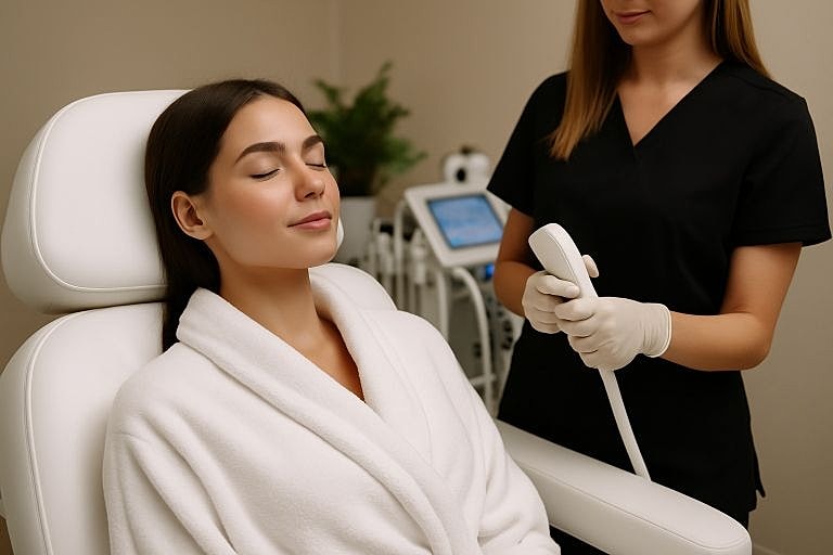 A young woman in a med spa reclines in a treatment chair wearing a white robe while a provider in scrubs and gloves prepares for a skin treatment.