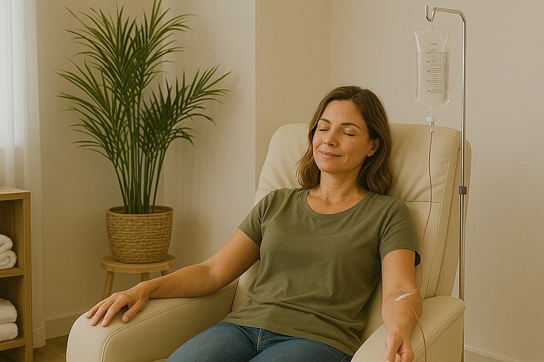 Woman relaxing during specialty IV therapy at Allura Medspa in Boynton Beach wellness center
