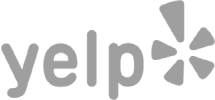 Yelp logo in grayscale design.