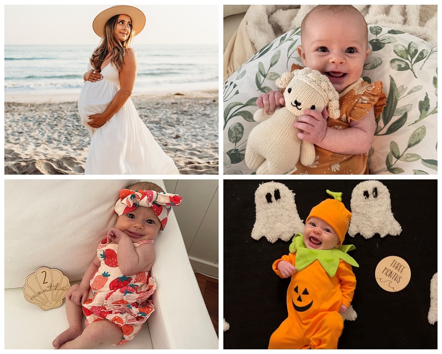 Pregnancy and infants in seasonal outfits and settings.