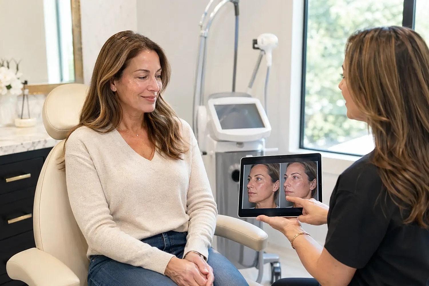 Practitioner showing facial comparison images on tablet to patient