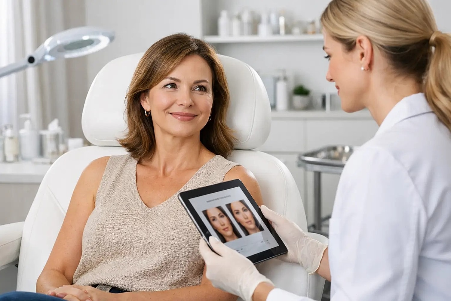 Patient smiling during a consultation while a practitioner shows facial results on a tablet