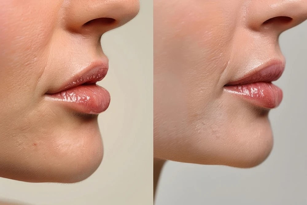 Side-by-side before and after results of lip fillers treatment.