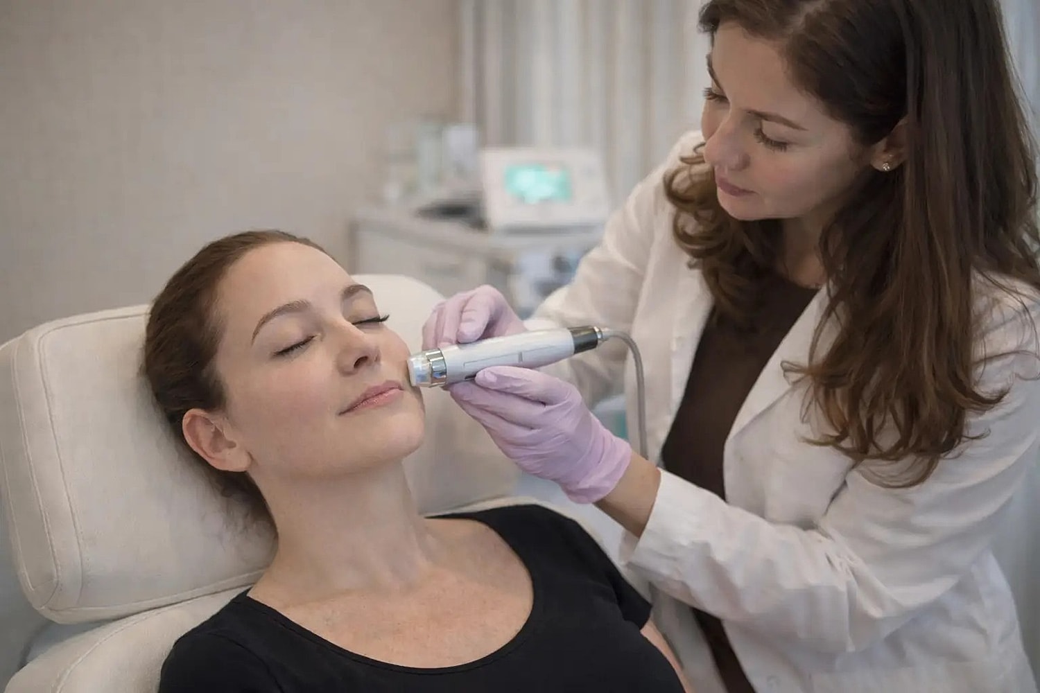Practitioner performing cosmetic dermatology treatment on patient reclining in a clinic chair using handheld device