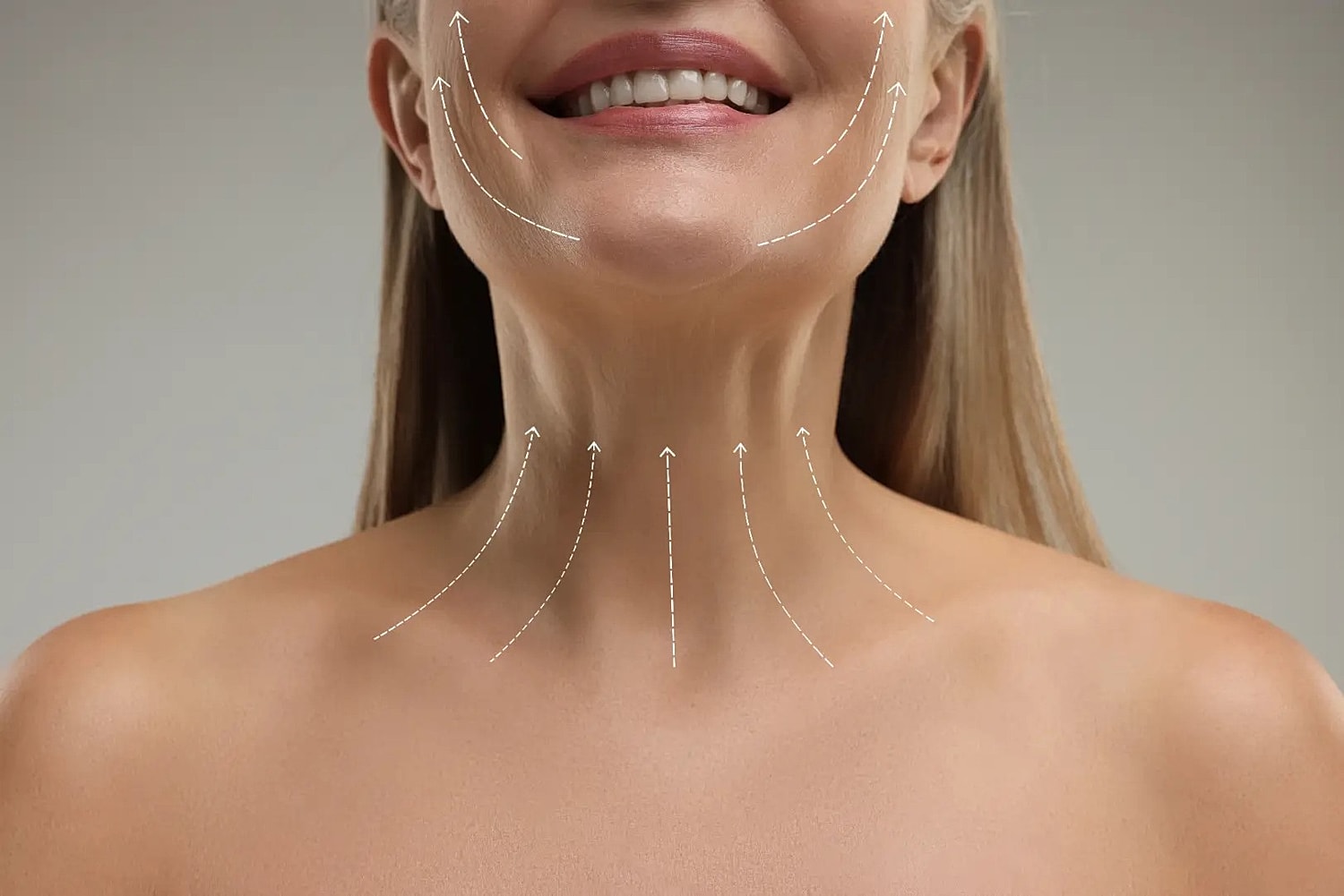 Close-up of a woman's neck and lower face with white dashed arrows along the jawline and neck.