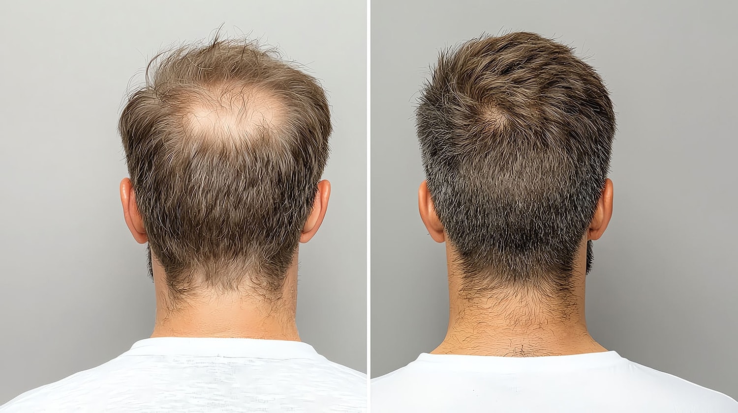 side-by-side rear view of a man’s head showing hair thinning on the left and fuller hair on the right