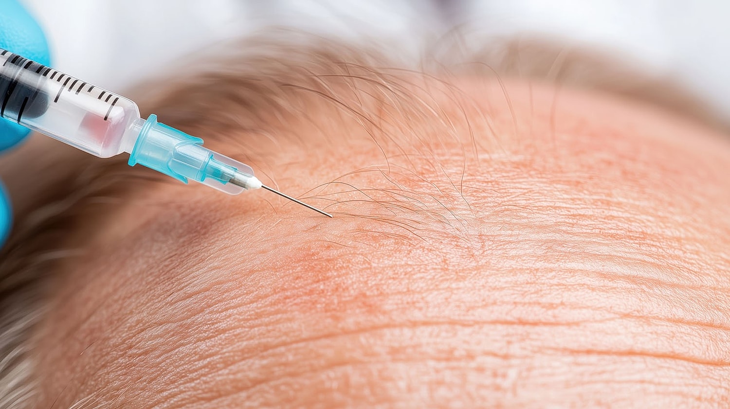 close-up of a syringe needle near the scalp of a person with thinning hair during a PRF injection procedure