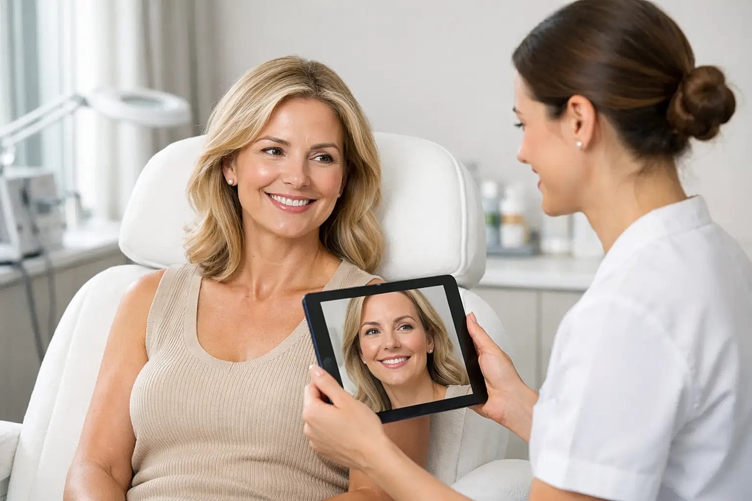 Patient smiling at a practitioner holding a tablet showing facial results in a clinic setting