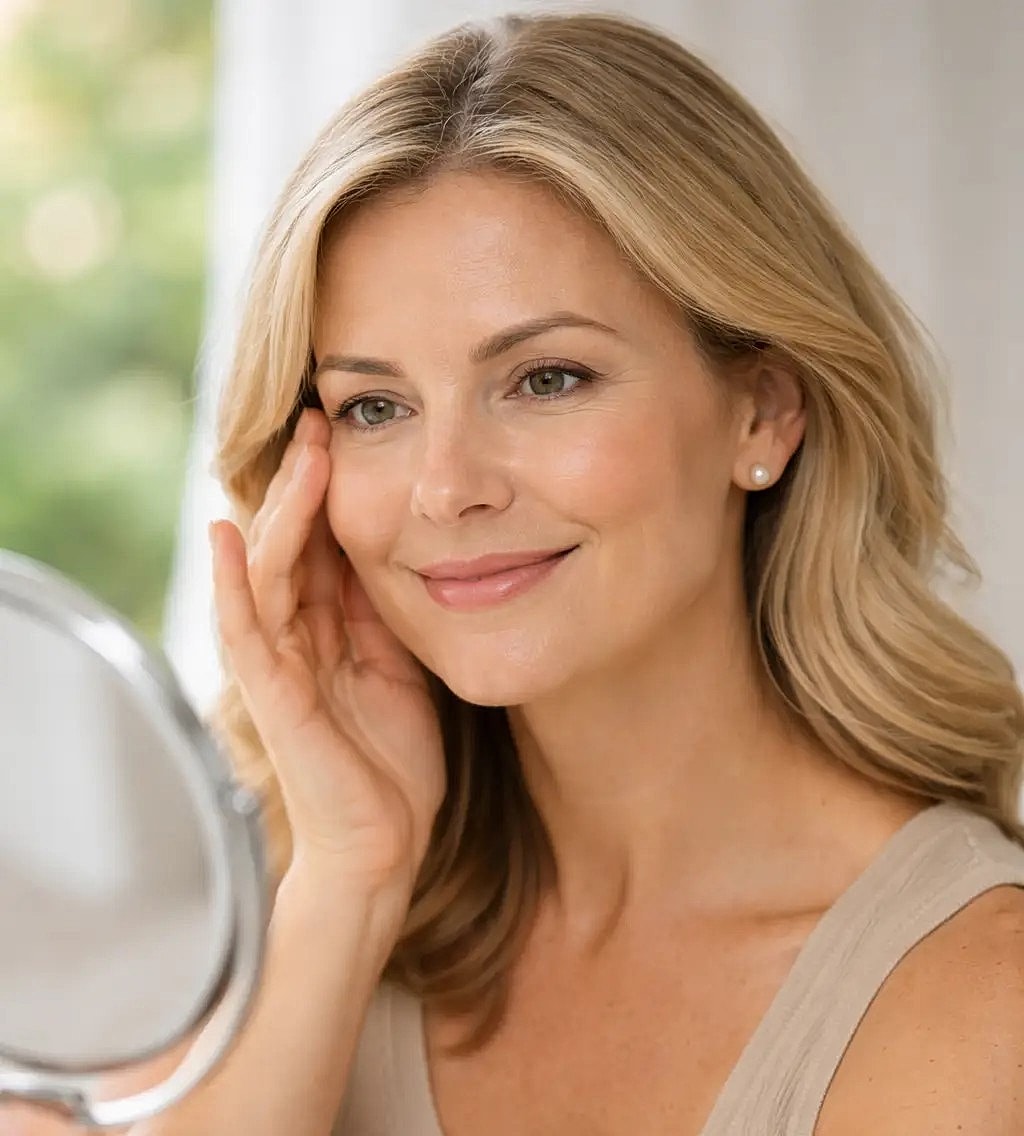 Woman holding a mirror and touching her cheek while looking at her reflection in natural light