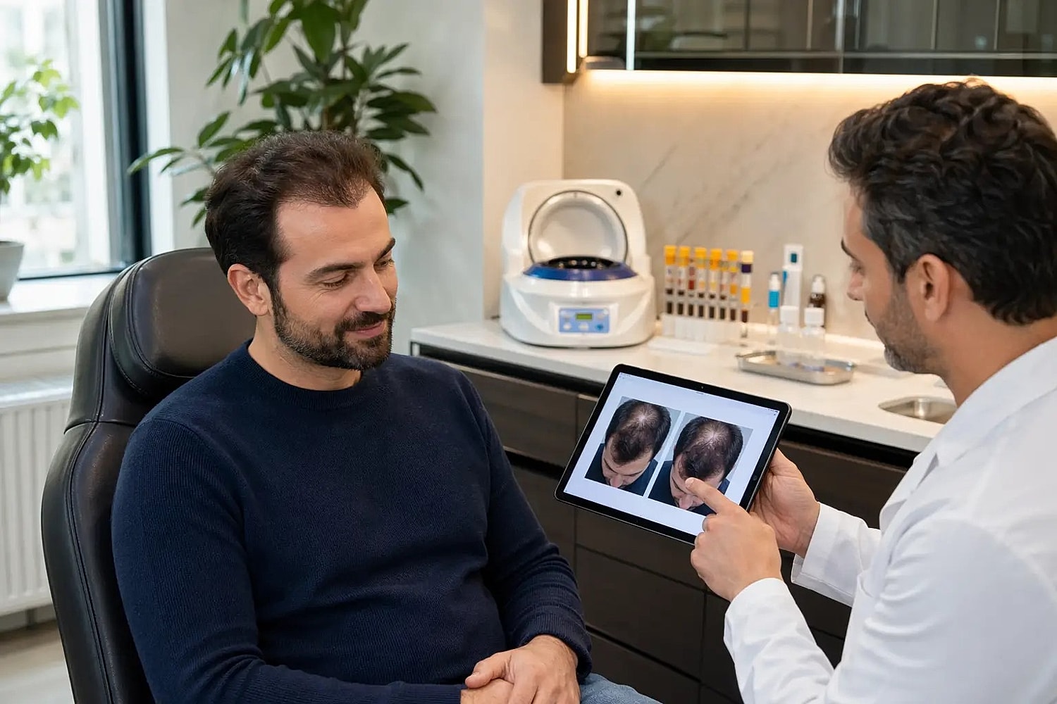 Practitioner showing scalp images on tablet to male patient
