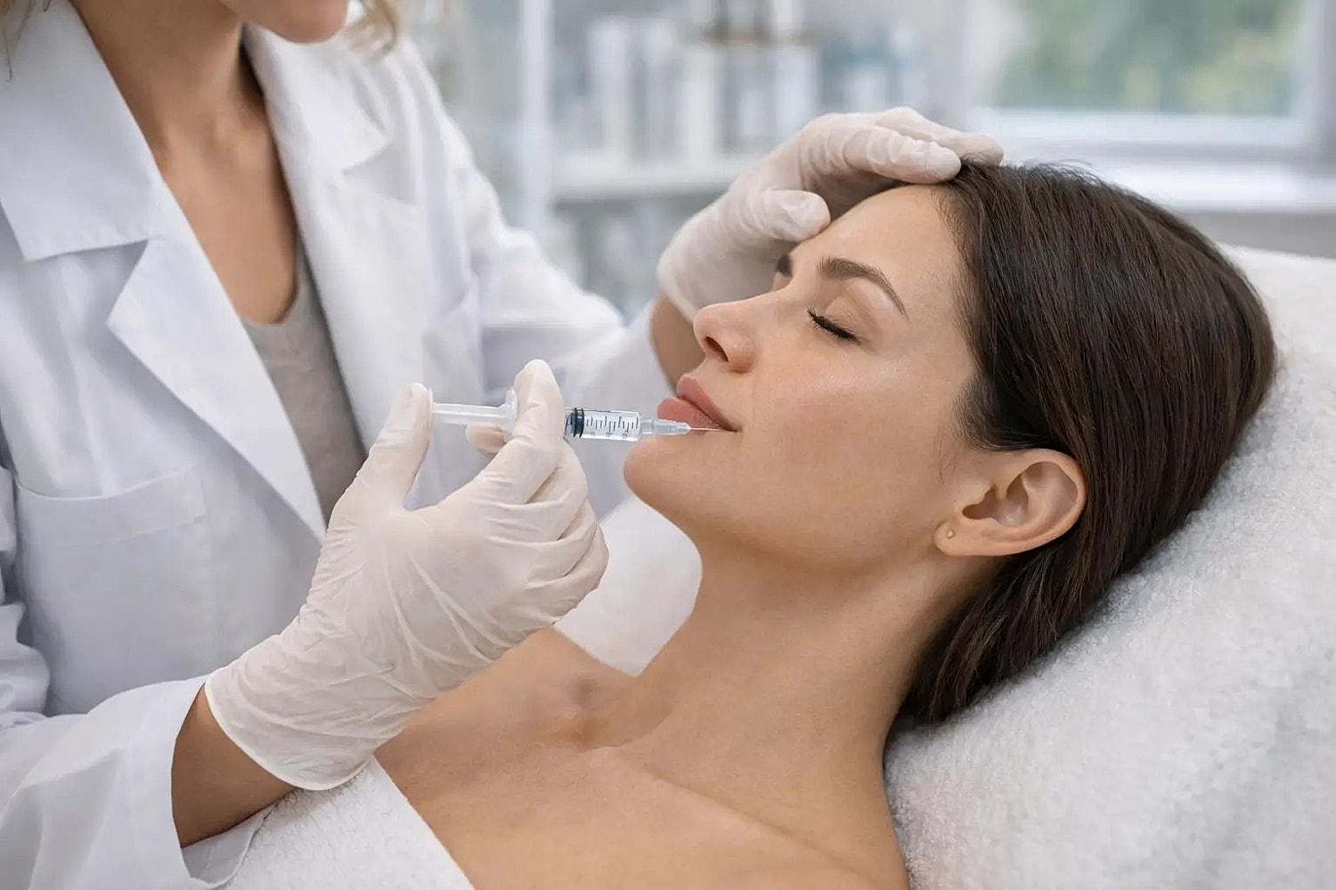 Practitioner wearing gloves injecting a syringe into a woman’s upper lip while she lies on a treatment bed.