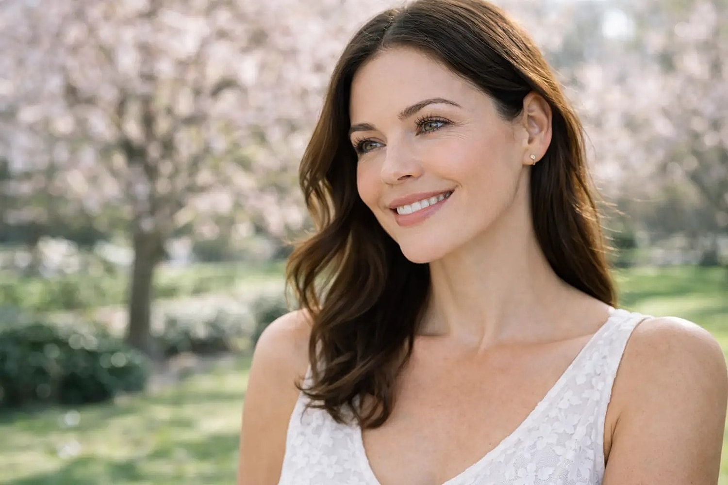 Woman smiling outdoors with smooth glowing skin after a Morpheus8 skin treatment.