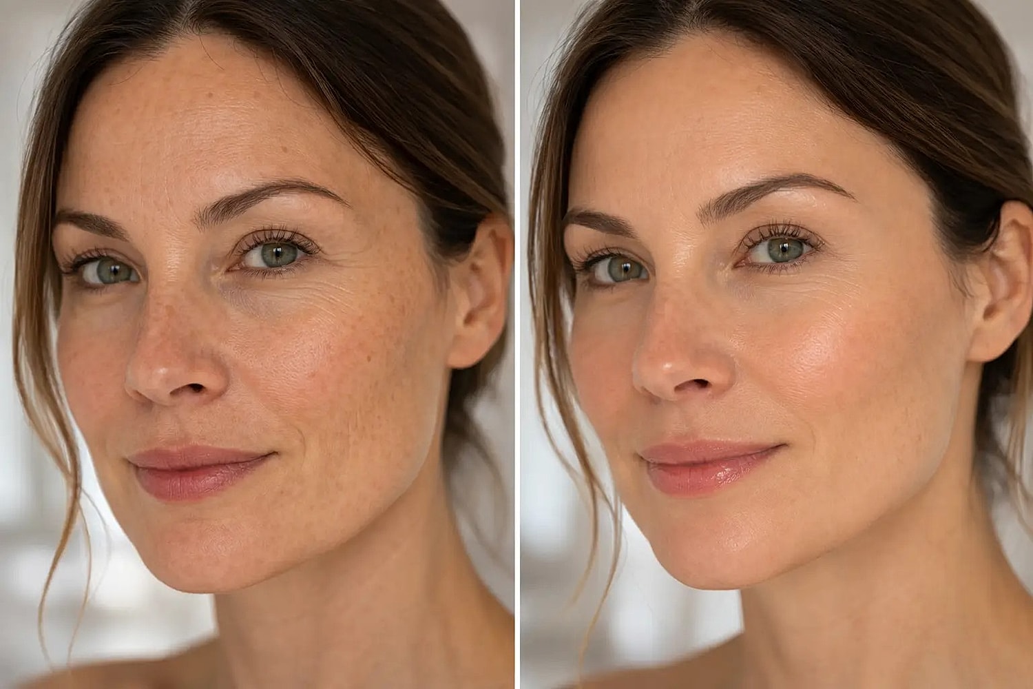 Side-by-side comparison showing facial skin texture before and after Morpheus8 treatment.
