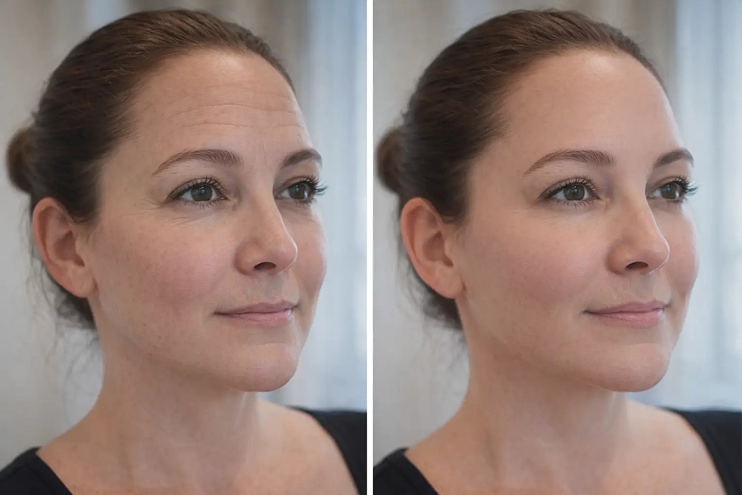 Side-by-side images of a woman’s face showing visible forehead lines on the left and fewer visible lines on the right.