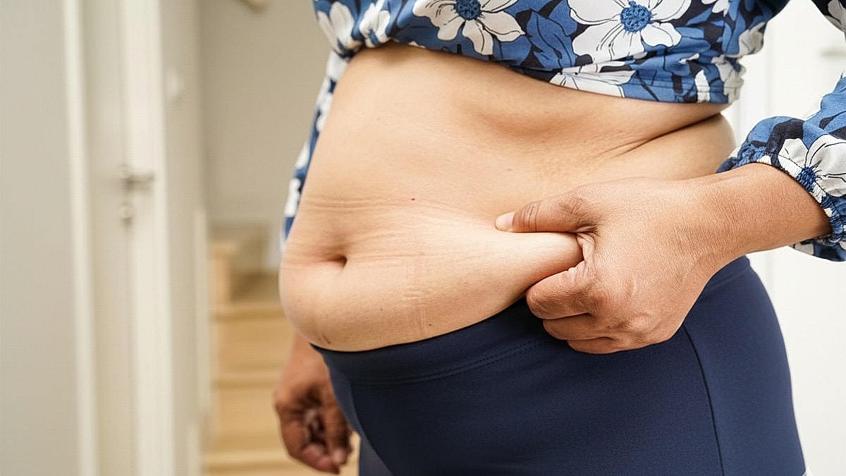 How to Get Rid of Your Apron Belly Featured Image - Person pinching skin on abdomen.