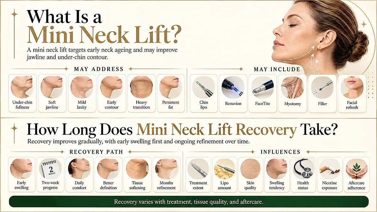 Mini neck lift recovery infographic overview.