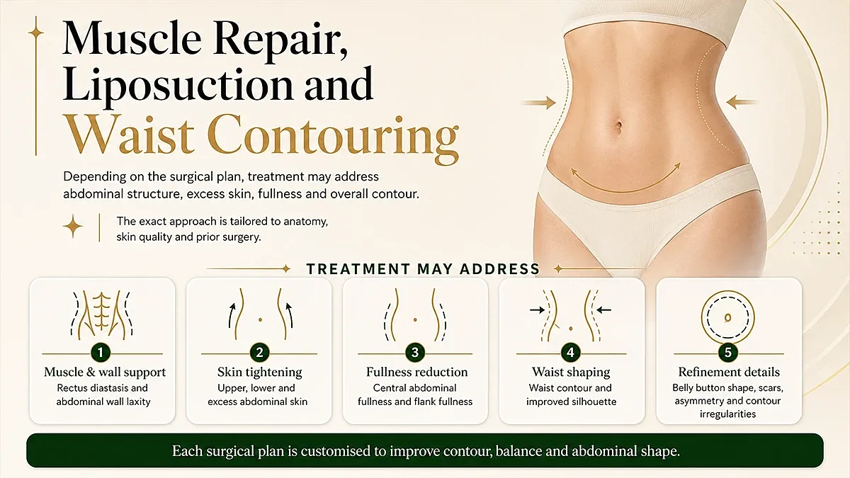 Muscle repair and waist contouring treatment overview.