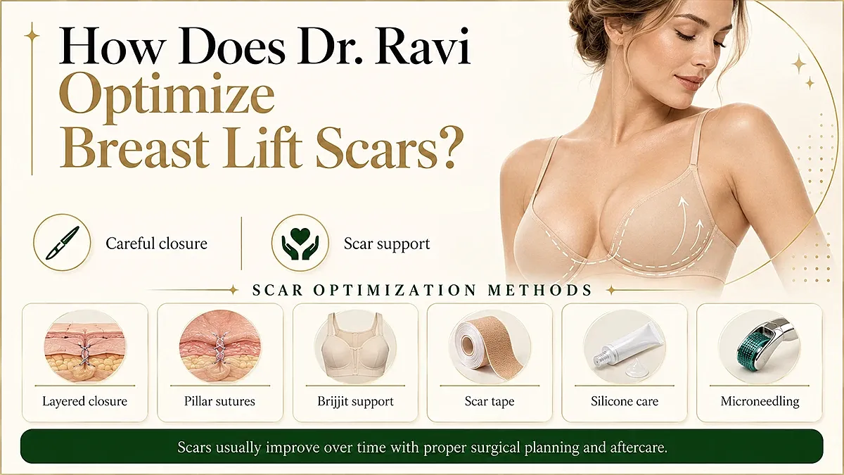 Breast lift scar optimization techniques and methods.
