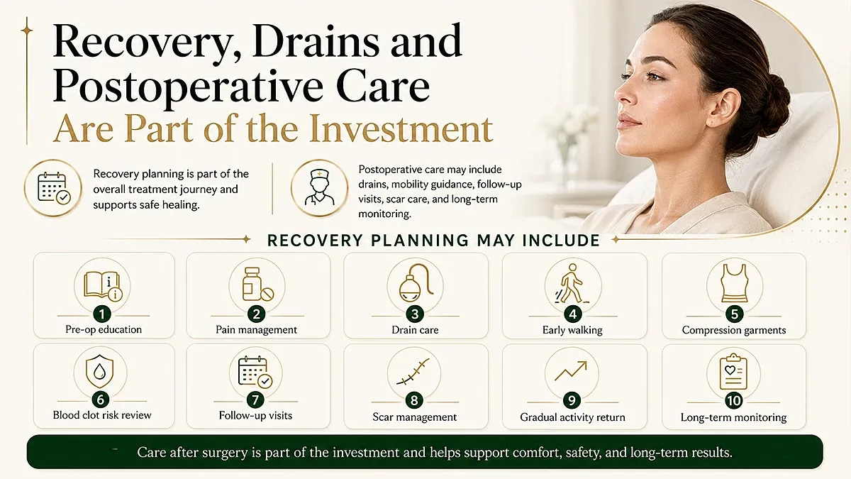 Postoperative care and recovery planning infographic.
