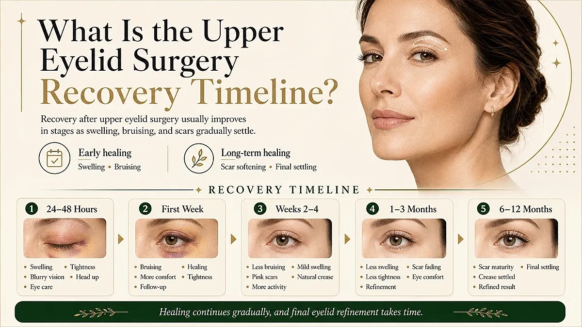 Upper eyelid surgery recovery timeline infographic