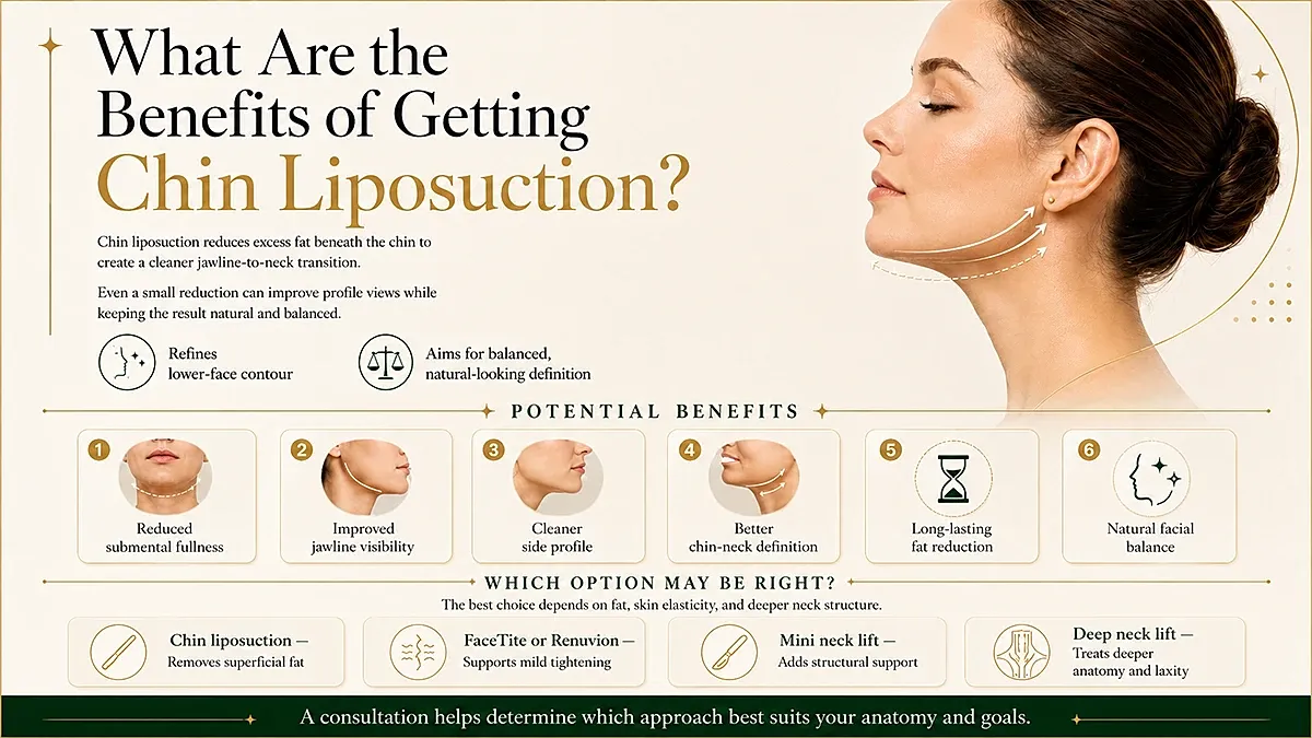 Benefits of chin liposuction infographic.