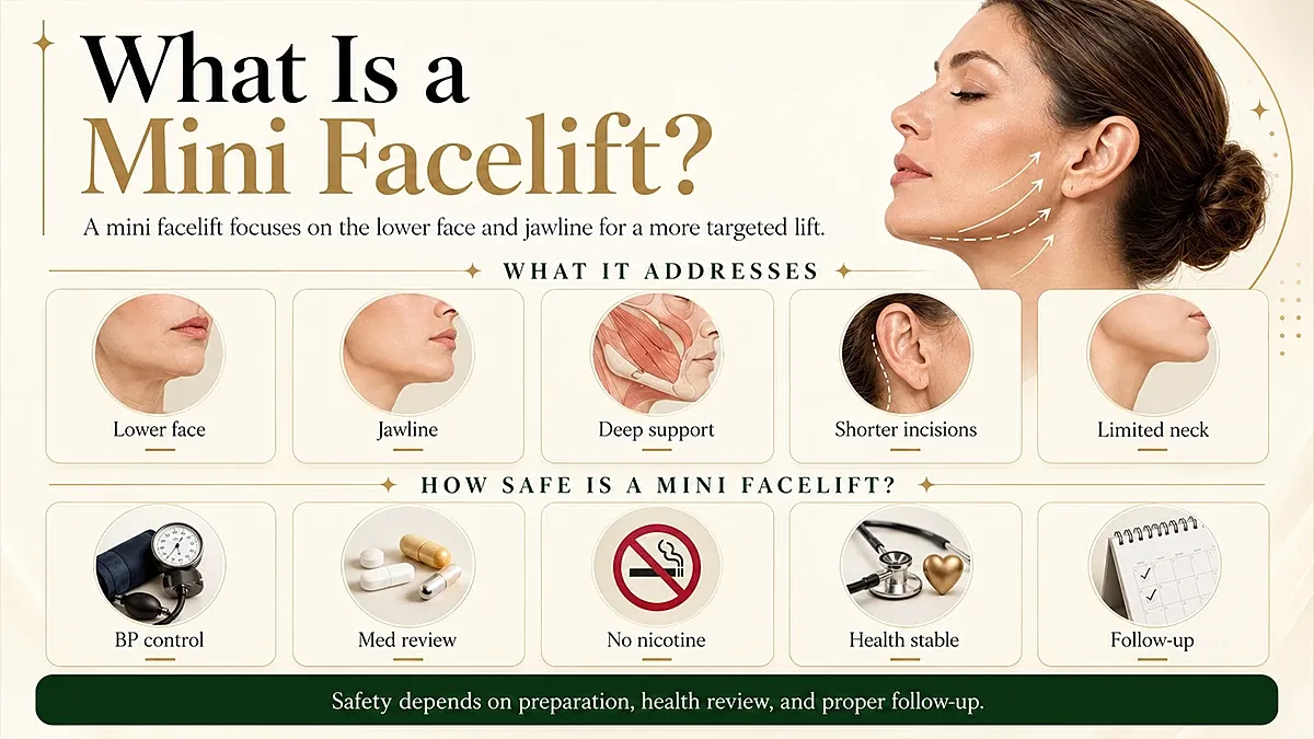 Mini facelift information and safety guidelines graphic.