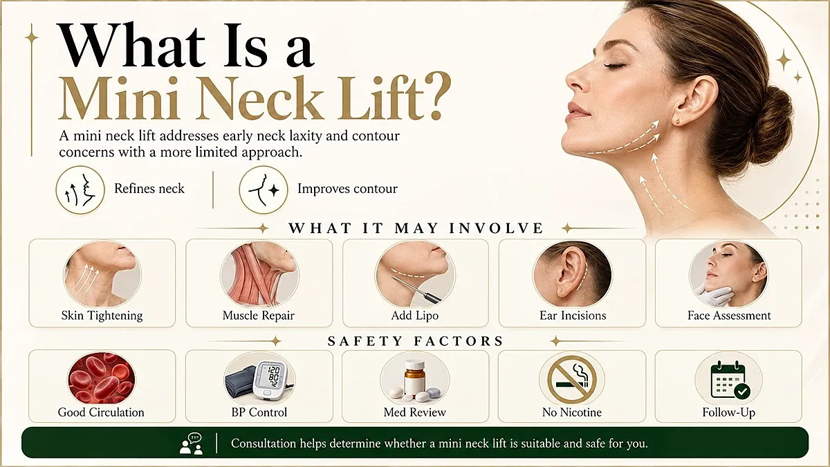 Mini neck lift information and safety factors infographic.