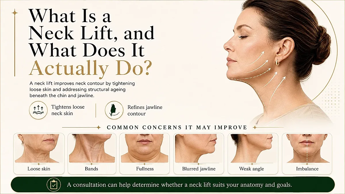 Neck lift benefits and common concerns illustrated.