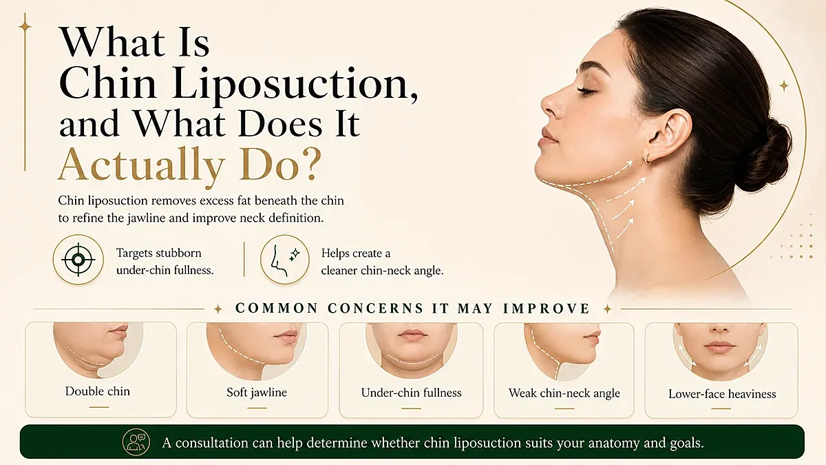 Chin liposuction benefits and concerns infographic.