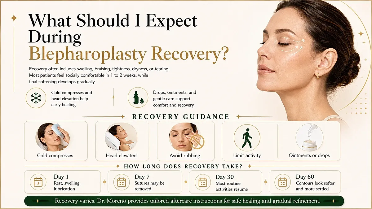 Blepharoplasty recovery guidance and timeline infographic