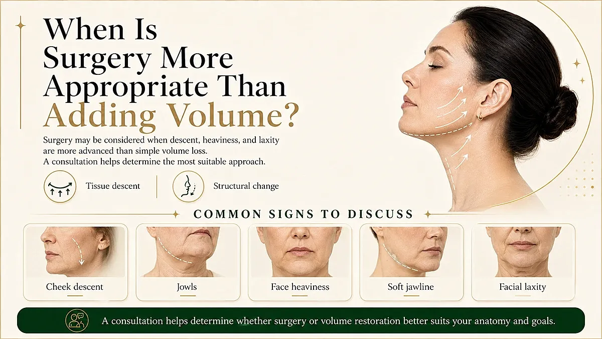 Consultation for surgical vs. volume restoration needs.