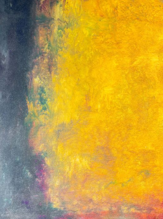Abstract painting with vibrant yellow and dark tones.