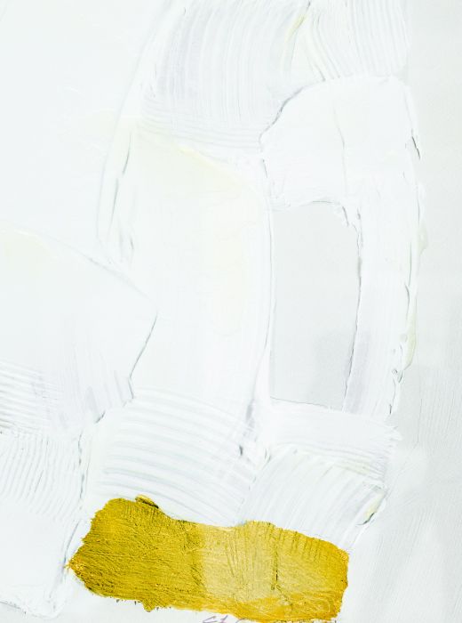 Abstract white and gold textured artwork.