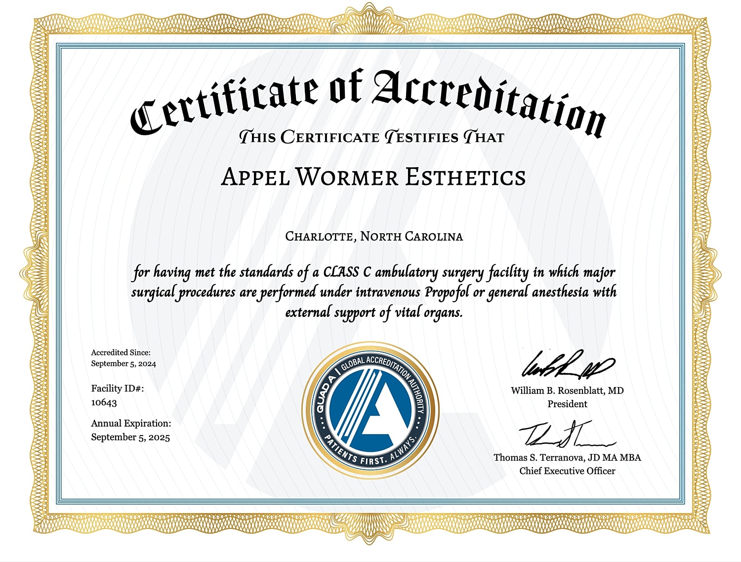 Accreditation certificate for Appel Wormer Esthetics.