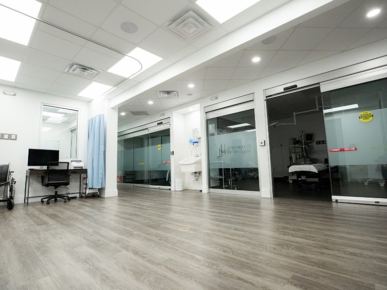 Modern healthcare facility interior with equipment.