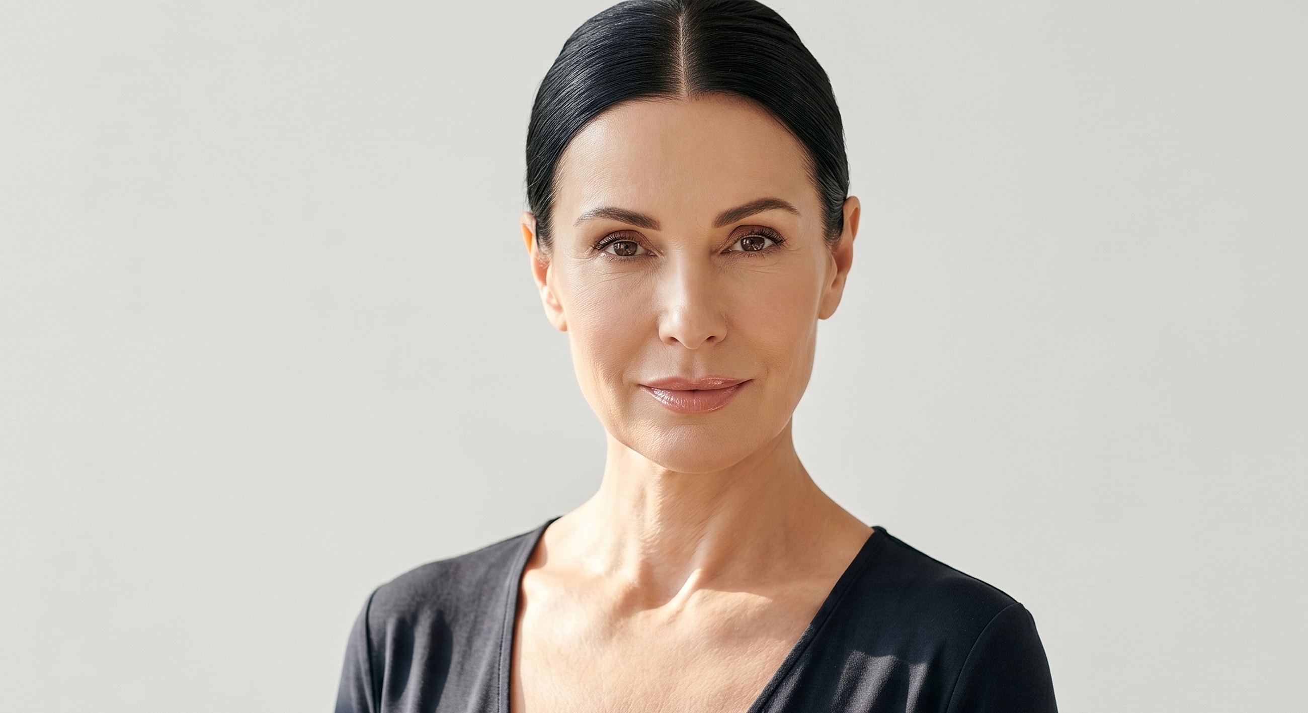Confident woman with dark hair and neutral expression.