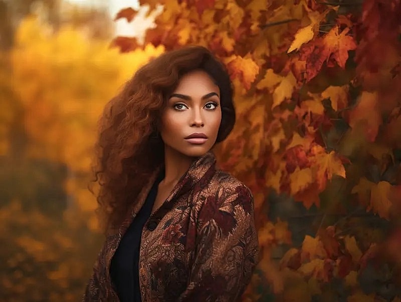 Portrait of a woman among autumn leaves.